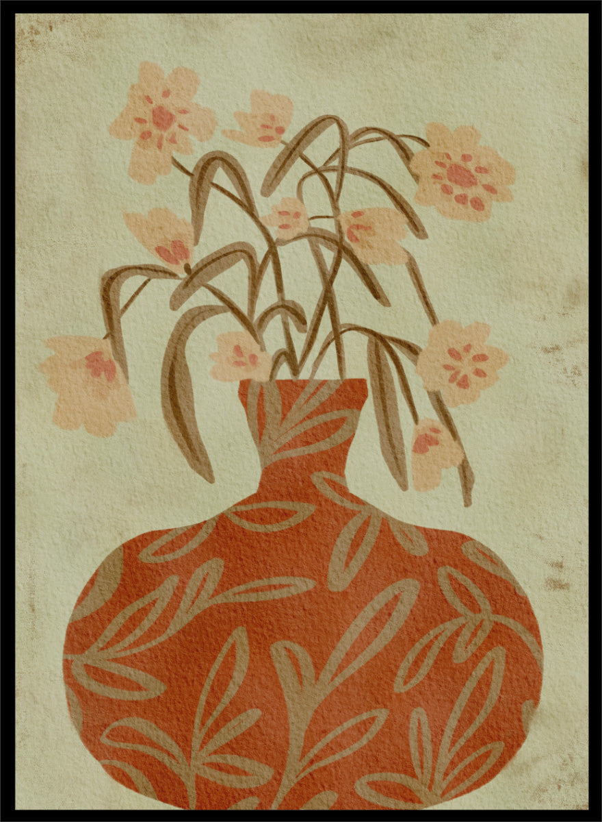 Shop Terracotta Vase Blossoms by Nikita Jariwala, a botanical wall art print featuring a terracotta vase, soft florals, and warm earthy rust and sage tones.