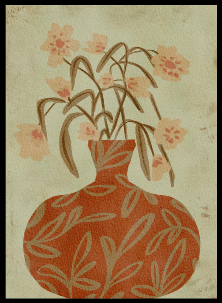 Shop Terracotta Vase Blossoms by Nikita Jariwala, a botanical wall art print featuring a terracotta vase, soft florals, and warm earthy rust and sage tones.