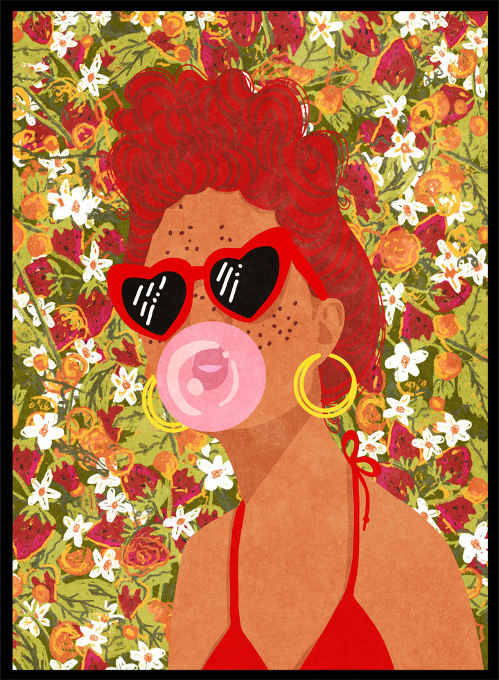 Illustration of a woman with red hair, sunglasses, and a pink bubble gum against a floral background. Strawberry Lady by Raissa Oltmanns fine art print featuring bold female portrait with strawberry background, modern colorful wall decor poster.