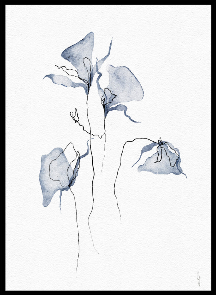 Abstract watercolor painting of three blue-gray calla lilies with fine black line details on a white textured background. Shop Ethereal Blue Flowers by Ankie Kooi, a floral wall art print poster with abstract watercolor flowers, botanical line art, blue, cream, and black.