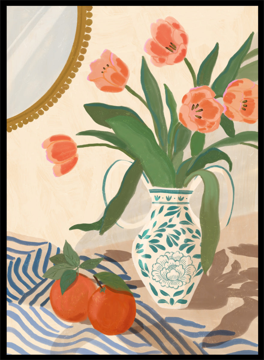 Fresh Tulips and Oranges by Katarzyna Gąsiorowska botanical still life art print with coral flowers, citrus fruit, and a patterned ceramic vase.