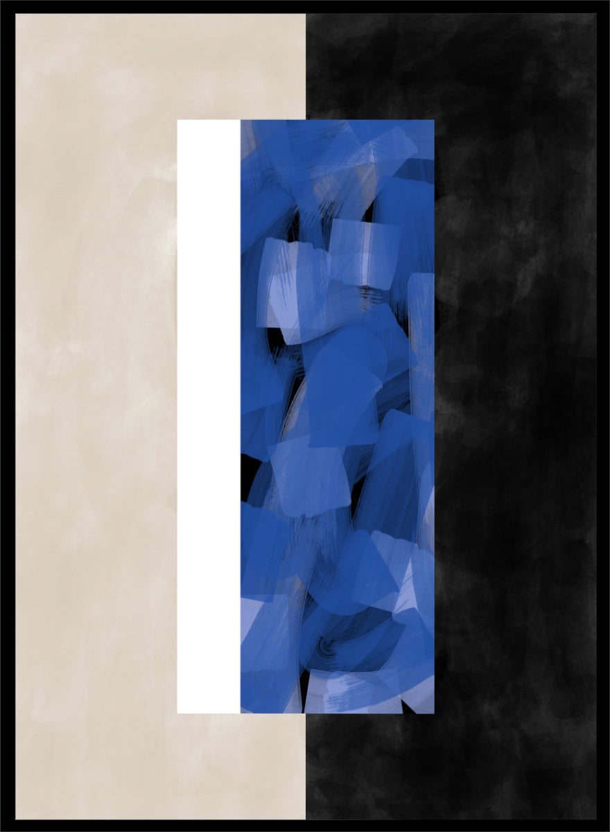 Shop Geometric Blue Layers by Elena Ristova, a modern abstract wall art print poster featuring layered cobalt brushwork, cream blocks, and bold black contrast.