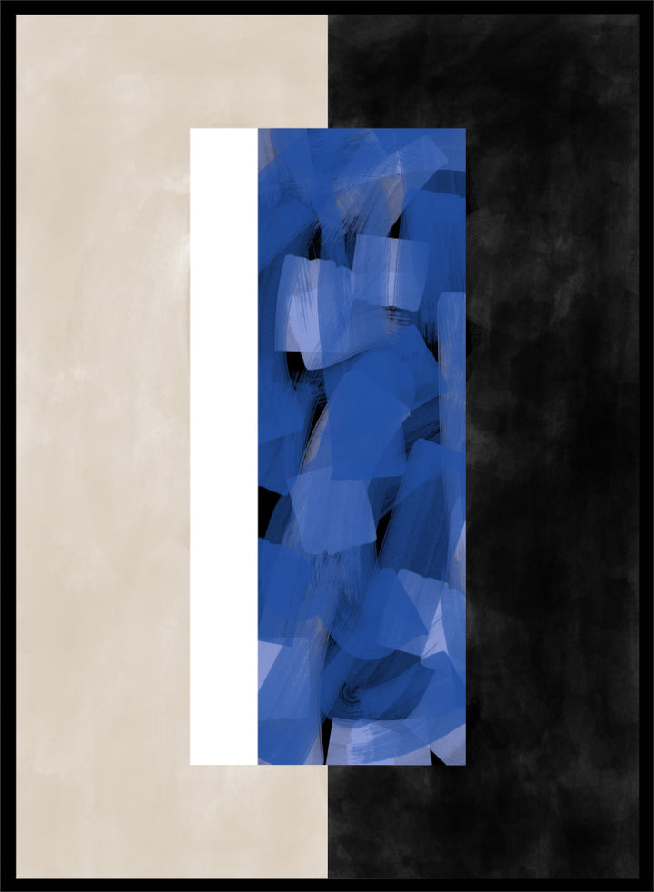 Shop Geometric Blue Layers by Elena Ristova, a modern abstract wall art print poster featuring layered cobalt brushwork, cream blocks, and bold black contrast.