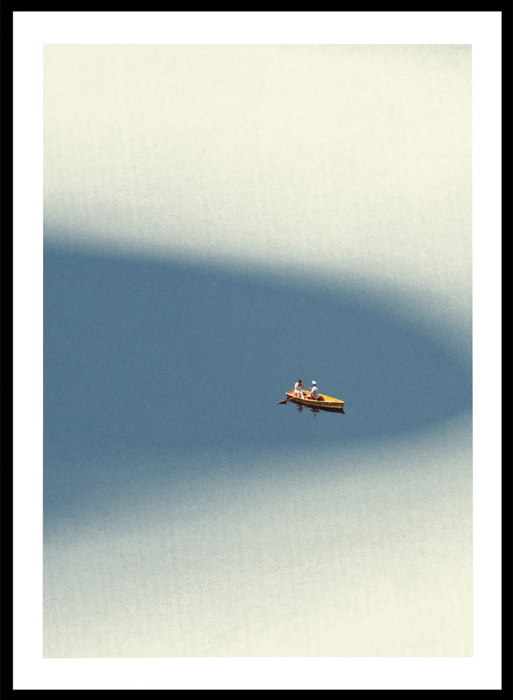 Happy Memories by Maarten Léon is an officially licensed art print featuring a minimalist boat scene with soft blue tones and open water. Available as a premium fine art print with optional real wood framing.