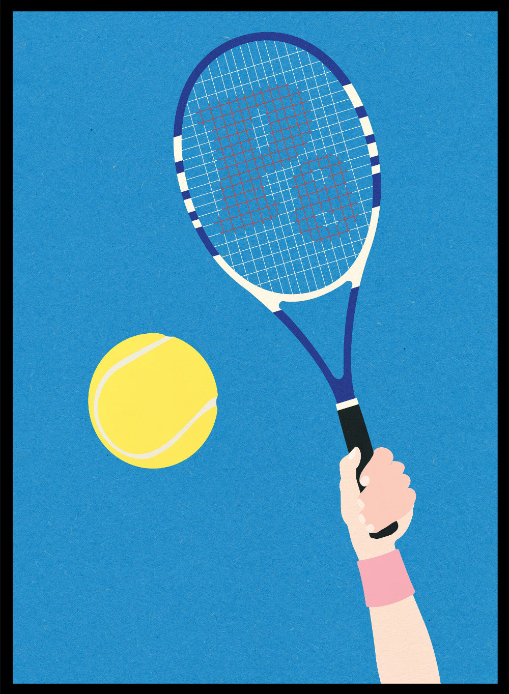 Tennis racket and ball on a blue background. Perfect Serve by Rosi Feist is a modern minimalist tennis art print featuring bold graphic color, clean lines, and Bauhaus-inspired design. Officially licensed fine art poster with framing.
