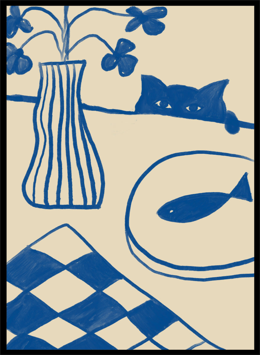 A framed art print featuring a hand-drawn style illustration in blue ink on a warm cream background. The design includes a striped vase with flowers, a cat peeking over a line, a fish on a plate, and a harlequin check pattern in the lower left corner. Blue Cat And Fish by The Art Concept is a playful cat art print featuring a curious blue cat, fish plate, striped vase, flowers, and checkered tablecloth.
