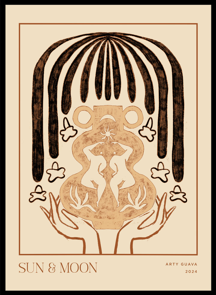 Artistic illustration of hands holding a symbol with 'Sun & Moon' text on a beige background. Vessel Collection: Sun & Moon by Arty Guava art print, modern vase wall poster with moon symbolism, contemporary minimalist line artwork.