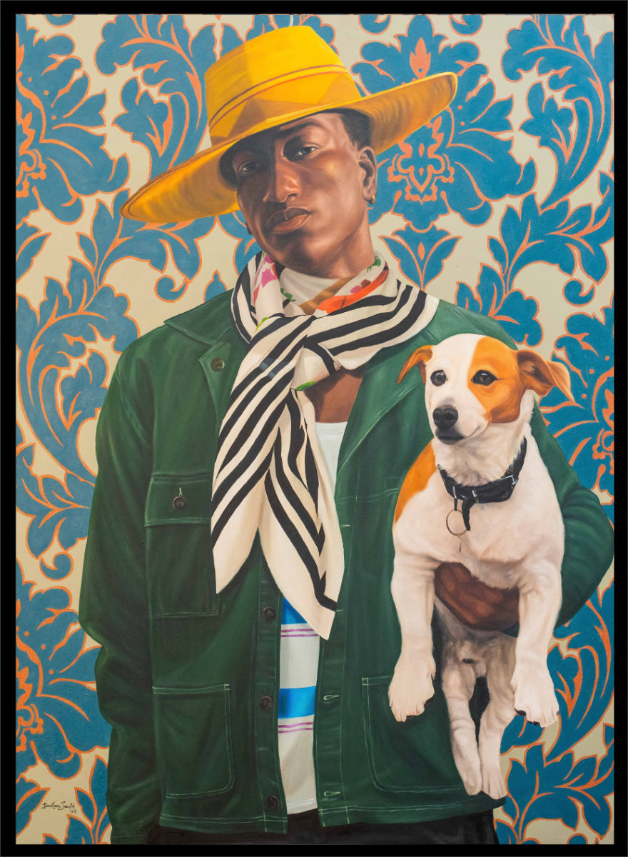 A stylized portrait painting of a person wearing a wide yellow hat, green jacket, and striped scarf, holding a white and tan dog against a blue and beige damask-patterned background. Shop Stylish Man and Dog by Damilare Jamiu, a contemporary figurative wall art print featuring a stylish man, small dog, bold fashion, and rich green and blue tones.