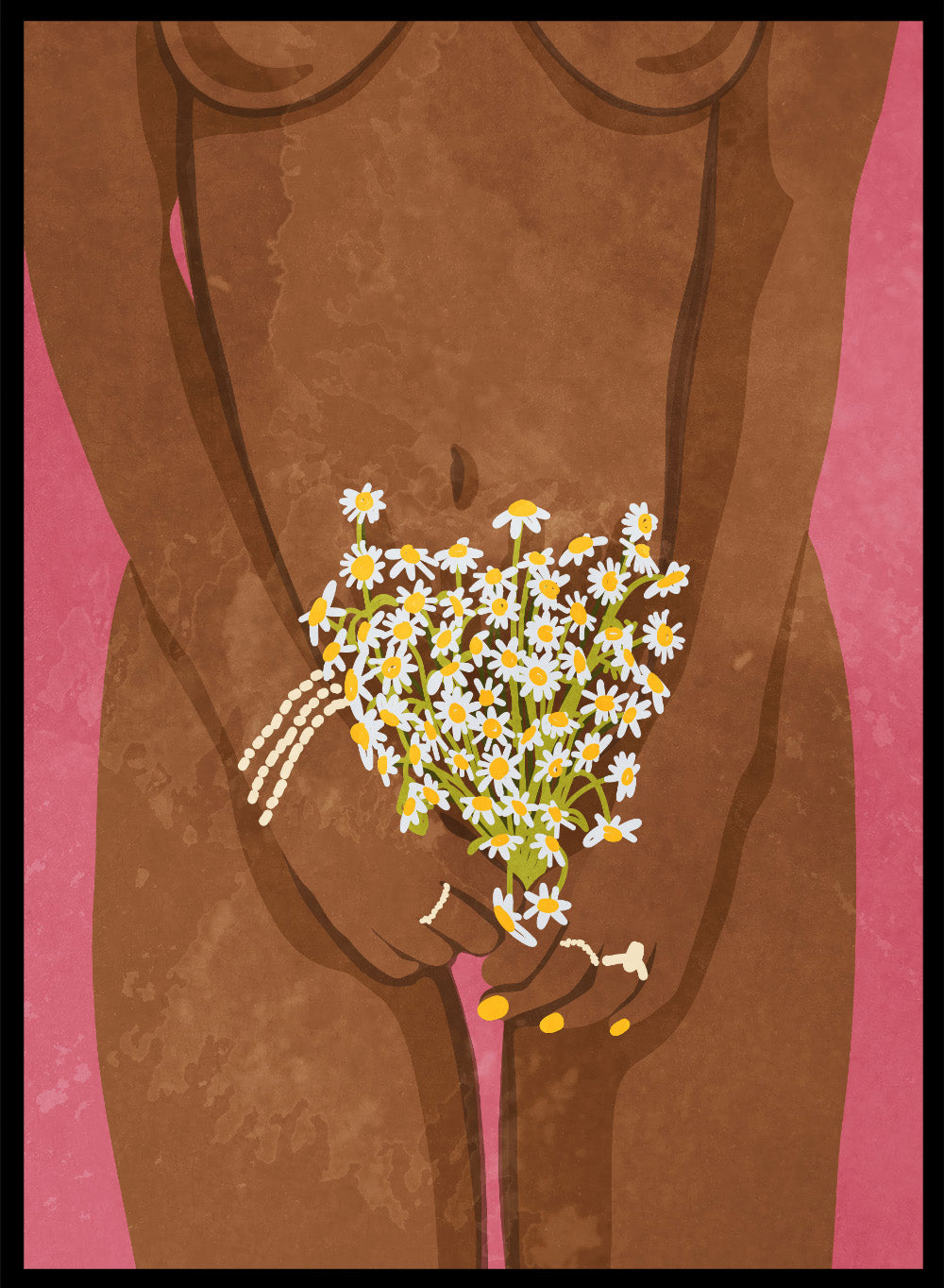 Illustration of a hand holding flowers against a brown background. Wearing Flowers by Raissa Oltmanns is a modern woman portrait art print with daisies, pink background, and minimalist graphic wall poster design.
