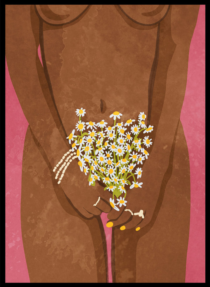 Illustration of a hand holding flowers against a brown background. Wearing Flowers by Raissa Oltmanns is a modern woman portrait art print with daisies, pink background, and minimalist graphic wall poster design.