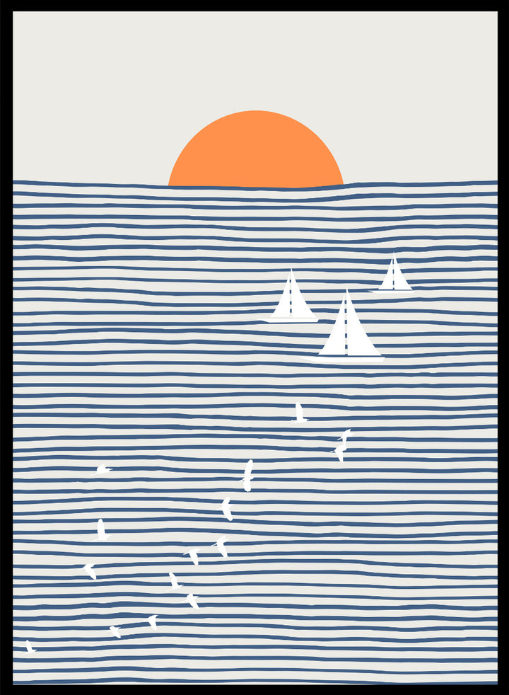 Three White Sails art print by Little Dean. Contemporary coastal wall art with sailboats, birds, striped ocean lines, orange sun, modern illustration poster design.