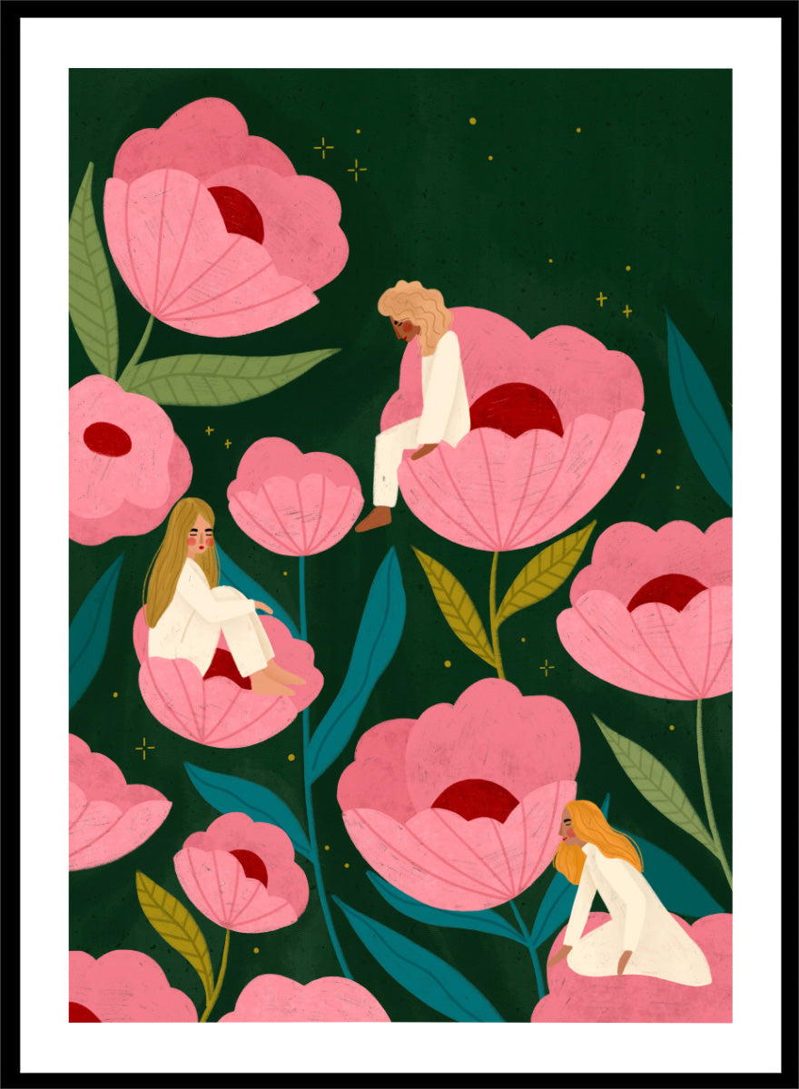 Shop Calm Women in Flowers by Bea Müller, a figurative floral wall art print poster featuring women among oversized pink flowers in a dreamy garden.