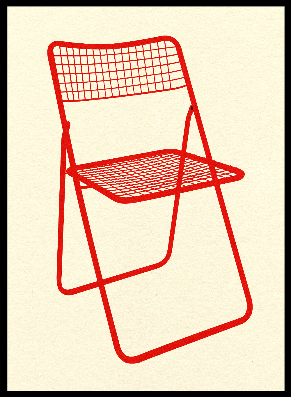 Red metal chair on a beige background. Modern chair wall art print by Rosi Feist featuring a bold red wire net chair illustration. Contemporary minimalist poster for design lovers.