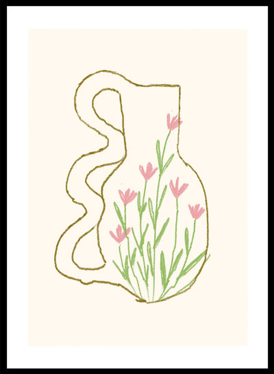 Curvy Vase with Pink Flowers Wall Art Print | Hand Drawn Spring Botanical Illustration, Modern Aesthetic Minimal Floral Line Poster