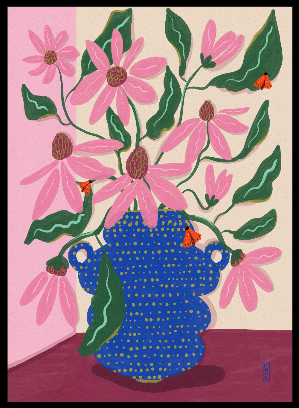 Artistic depiction of a blue vase with pink flowers on a pink background. Cone Flowers in a Pot by Dirkie Nell is a colorful floral art print with pink blooms, butterflies, and a bold blue vase. Officially licensed wall poster.