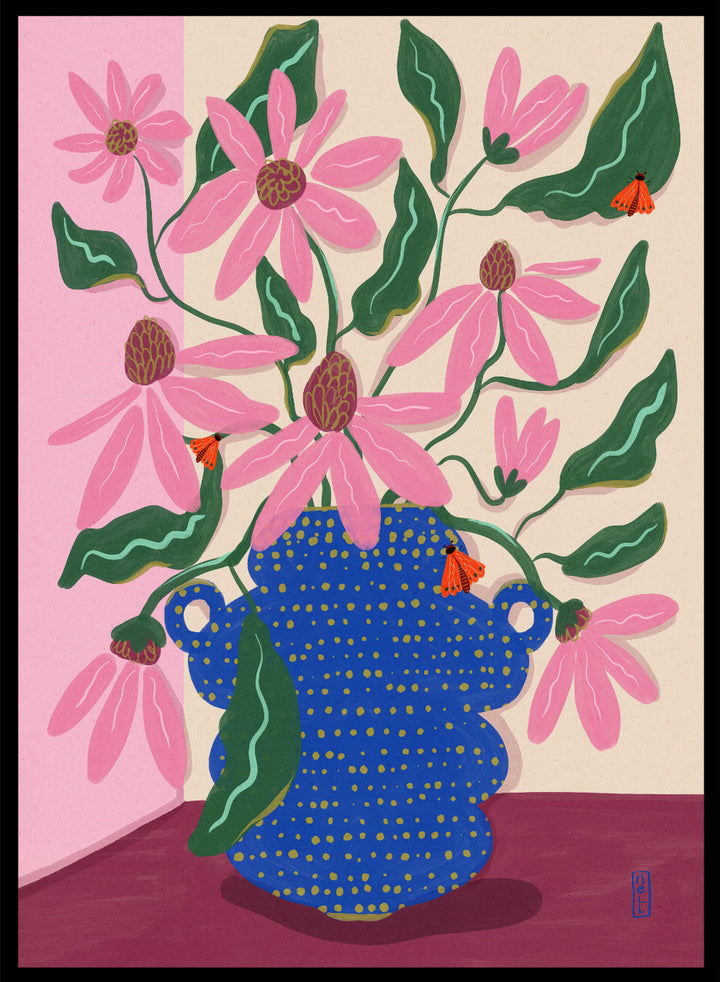 Artistic depiction of a blue vase with pink flowers on a pink background. Cone Flowers in a Pot by Dirkie Nell is a colorful floral art print with pink blooms, butterflies, and a bold blue vase. Officially licensed wall poster.