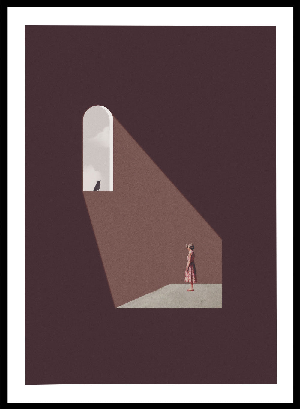 Enlighten Me by Maarten Léon collage art print featuring a woman beneath a window with light and a bird. Premium fine art print with real wood framing.