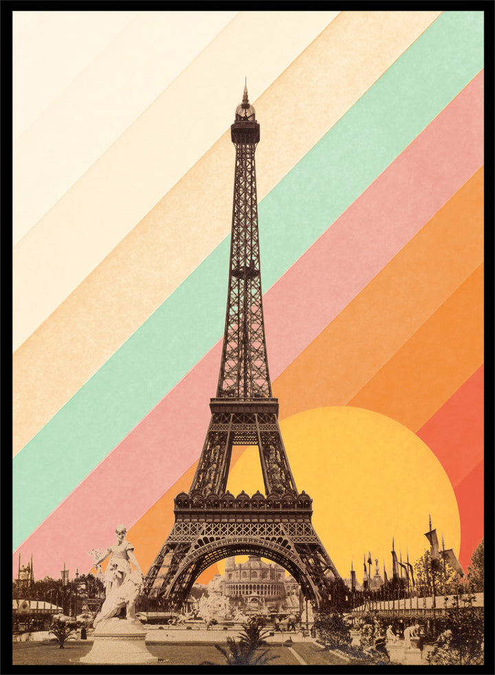 Eiffel Tower with a colorful geometric background. Eiffel Tower Retro Sunset by Florent Bodart is a Paris art print with vintage photo and colorful sunset stripes, a modern retro wall poster with bold graphic design.
