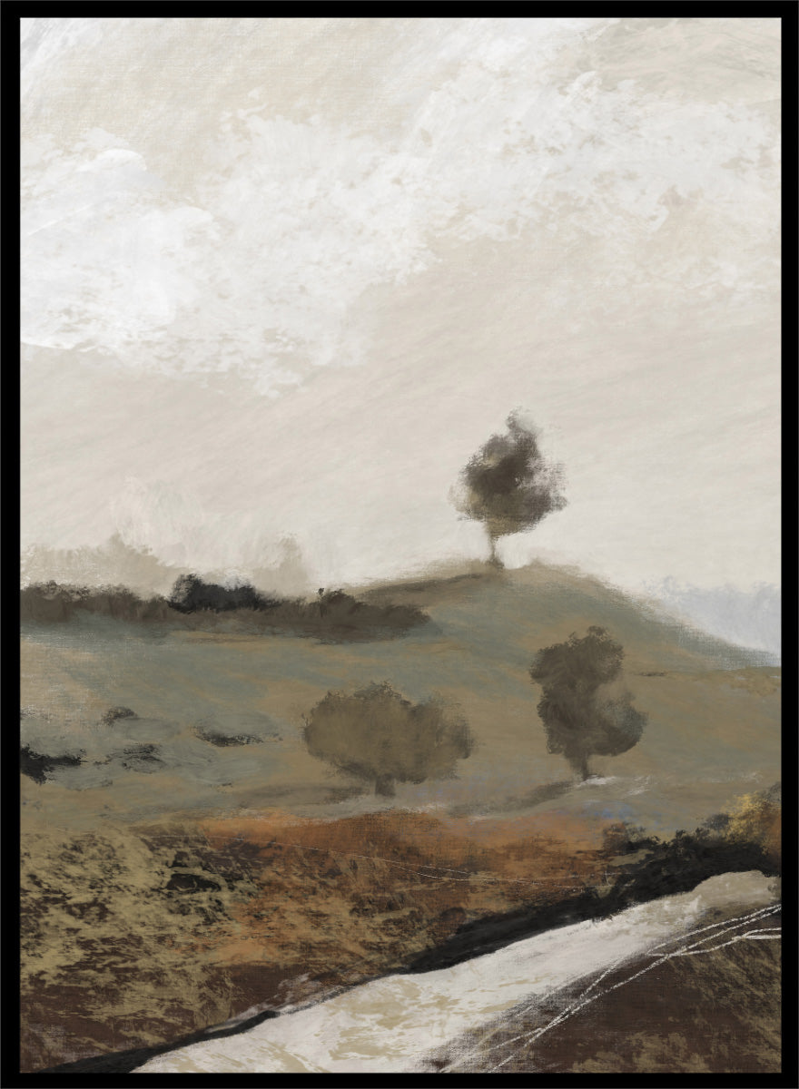 Shop La Collina by Dan Hobday, a set of 2 landscape wall art prints posters featuring rolling hills, winding paths, and warm earthy countryside tones.