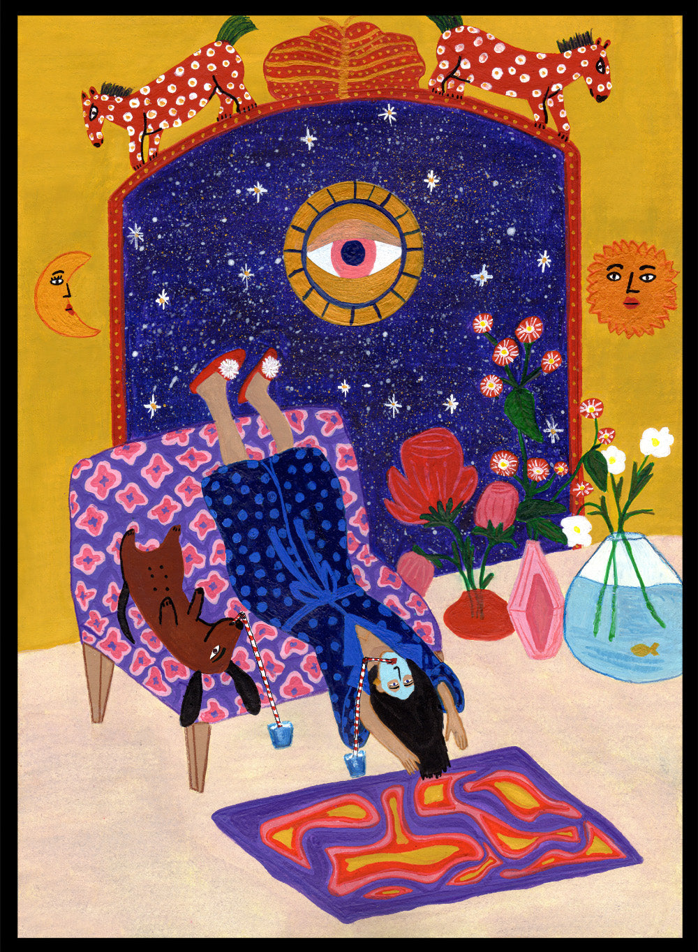 Colorful artwork of a person sitting on a chair with animals and decorative elements. Day Off From Office by Jota de Jai is a whimsical modern art print of a woman upside down with her dog, mid skincare routine, officially licensed wall poster with framing.