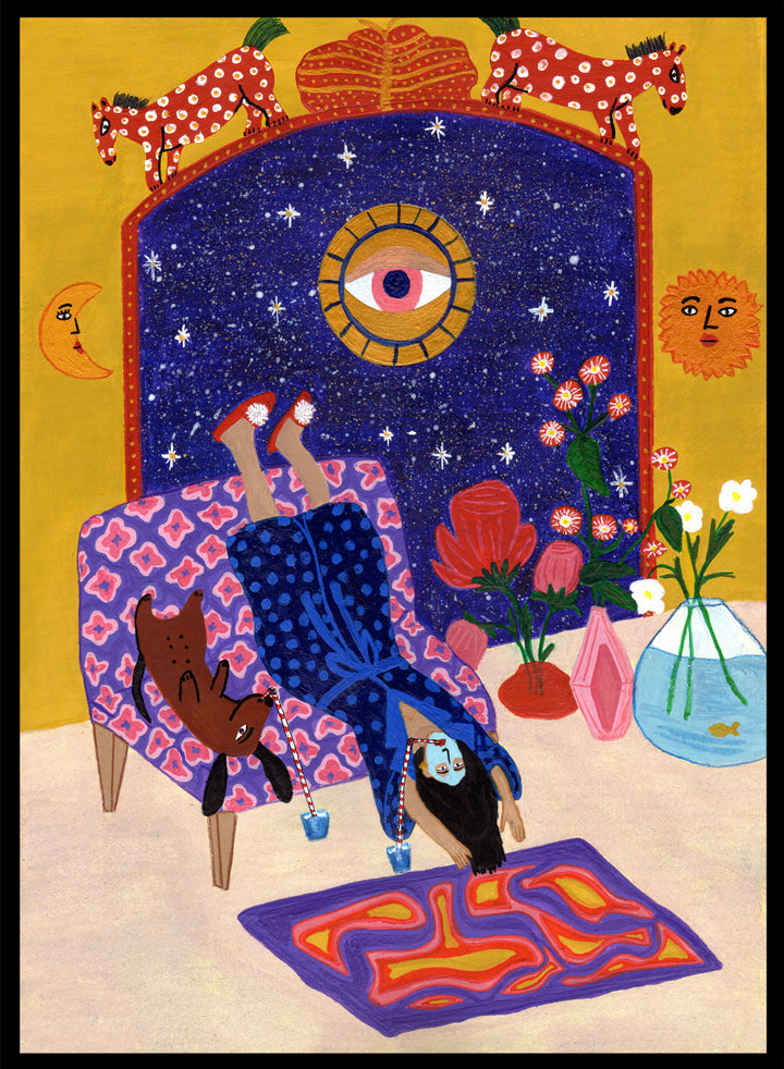 Colorful artwork of a person sitting on a chair with animals and decorative elements. Day Off From Office by Jota de Jai is a whimsical modern art print of a woman upside down with her dog, mid skincare routine, officially licensed wall poster with framing.