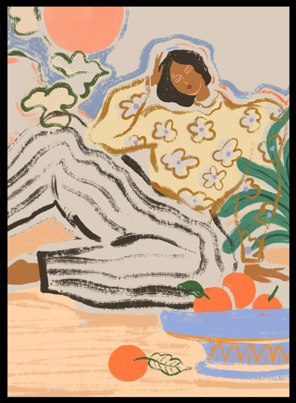 Artistic depiction of a person lounging on a beach with a bowl of fruit and flowers. Lazy Days by Arty Guava is a modern woman art print with warm colors, oranges, and relaxed still life details. Officially licensed wall poster.