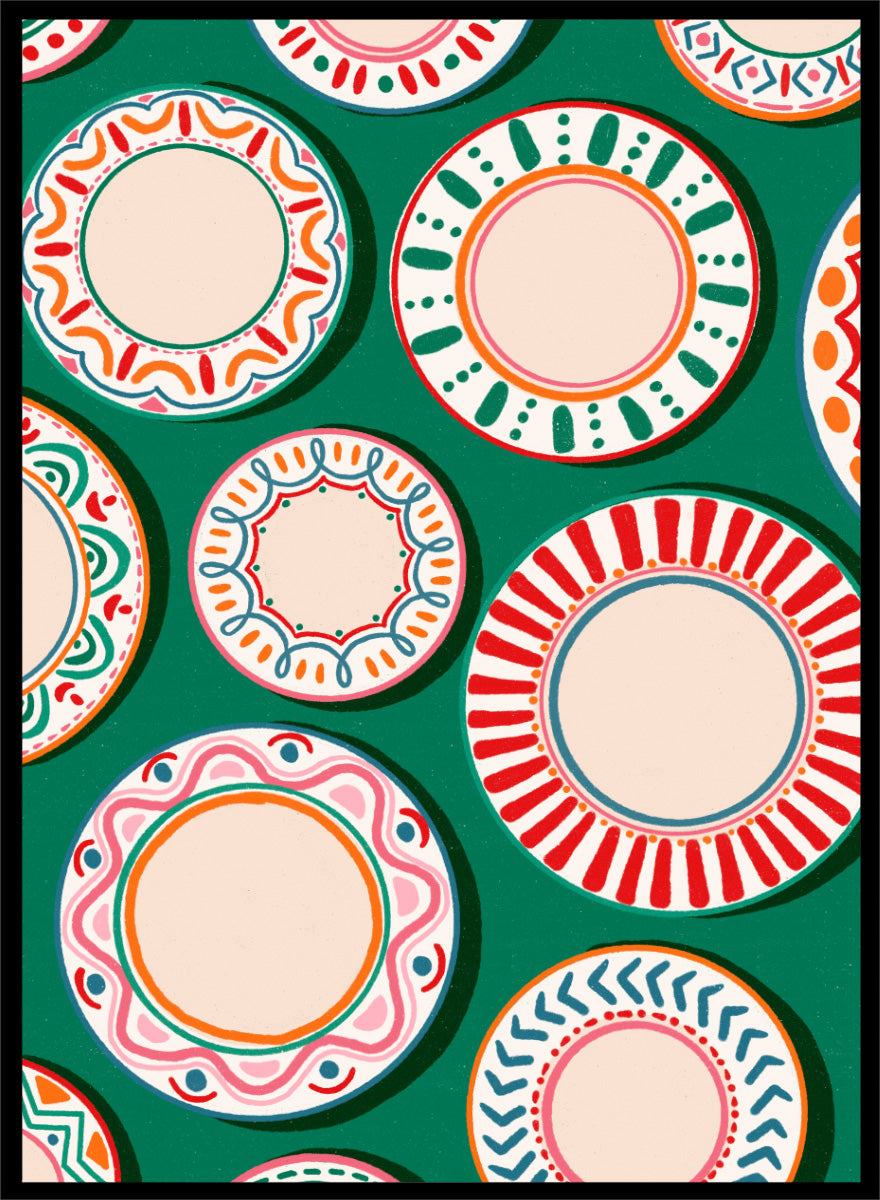 A flat-lay pattern of colorful decorative plates on a dark green background, featuring a variety of circular designs in red, orange, pink, blue, and cream. Shop Colorful Patterned Plates by Nidhi Kachhadiya, a playful kitchen wall art print featuring decorative plates, folk-inspired patterns, and bold green, red, and pink tones.