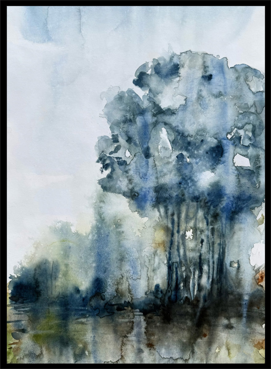 Shop Serene Forest Reflection by Helena Ryhle, a watercolor forest landscape wall art print poster with reflective water and a calm blue-toned mood.