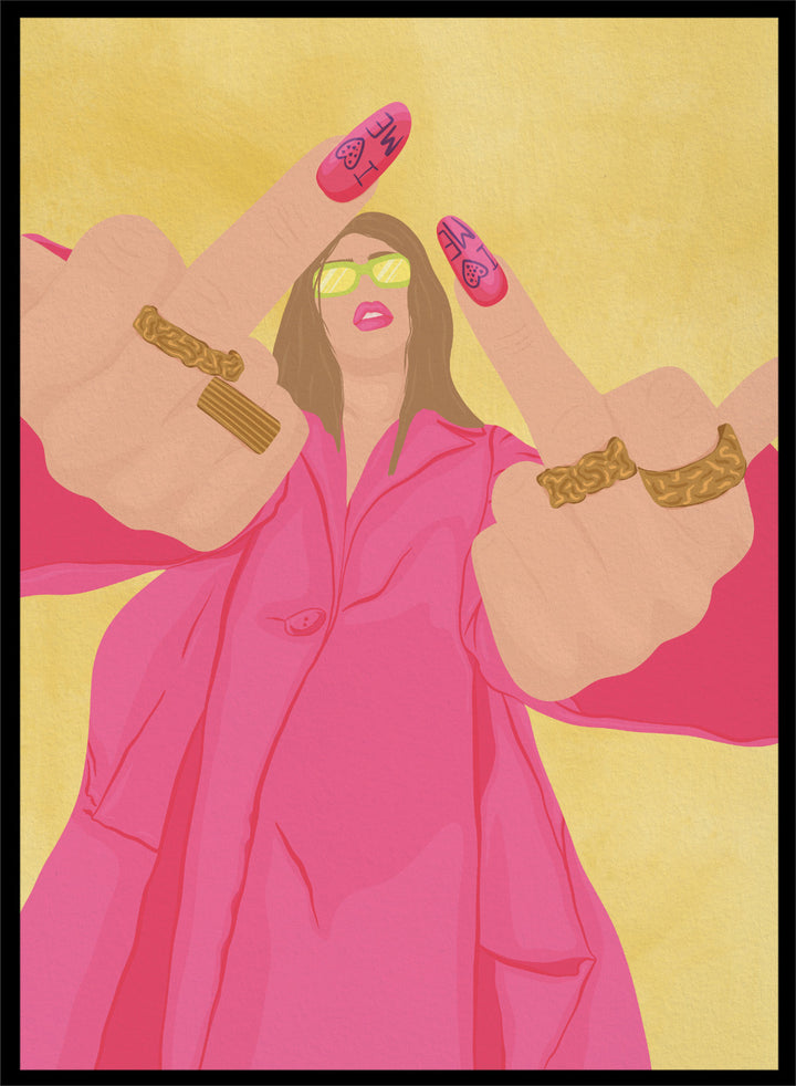 A stylized fashion illustration of a woman in a bright pink trench coat and lime green sunglasses, with both hands raised showing long pink nails decorated with black symbols and gold rings on her wrists, set against a textured yellow background. Pink Fashion V-Sign by Lisa Solomoniuk premium framed fine art print featuring a woman in a bright pink coat with a bold, rebellious gesture.