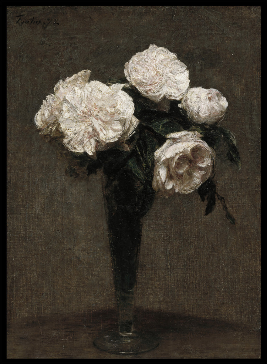 Shop Roses Flowers in a Vase by Henri Fantin-Latour, a vintage floral wall art print poster featuring pale roses in a dark vase against rich brown tones.