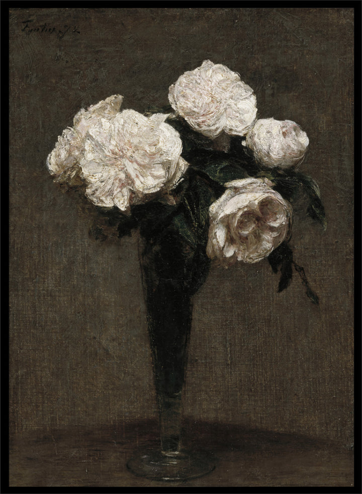 Shop Roses Flowers in a Vase by Henri Fantin-Latour, a vintage floral wall art print poster featuring pale roses in a dark vase against rich brown tones.