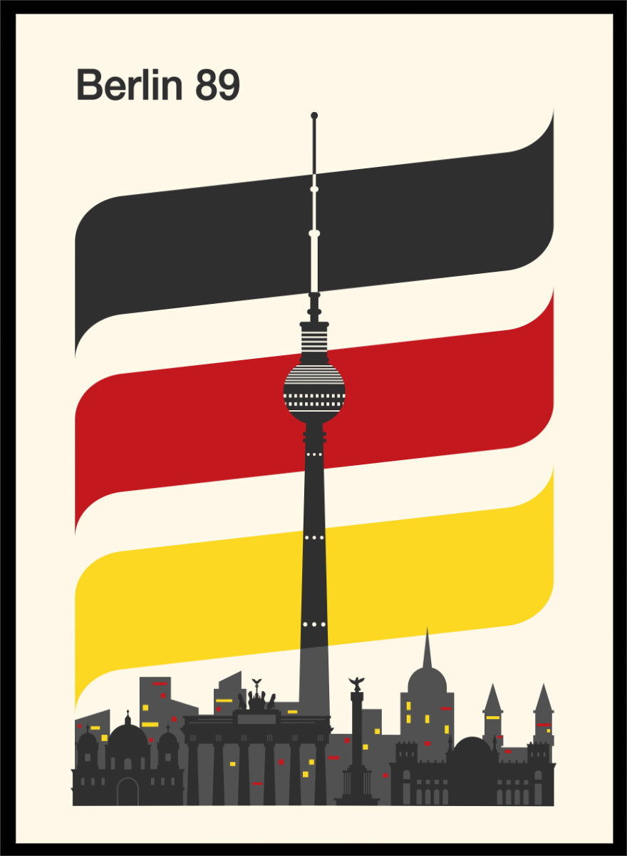 A minimalist travel poster for Berlin 1989, featuring the Fernsehturm TV tower and city skyline against a cream background, with stylized German flag stripes in black, white, red, and yellow. Berlin 89 German Skyline by Retrodrome travel art print featuring the Fernsehturm, Berlin skyline, German flag colors, and bold retro poster design.