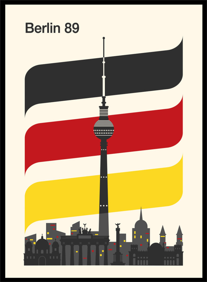 A minimalist travel poster for Berlin 1989, featuring the Fernsehturm TV tower and city skyline against a cream background, with stylized German flag stripes in black, white, red, and yellow. Berlin 89 German Skyline by Retrodrome travel art print featuring the Fernsehturm, Berlin skyline, German flag colors, and bold retro poster design.