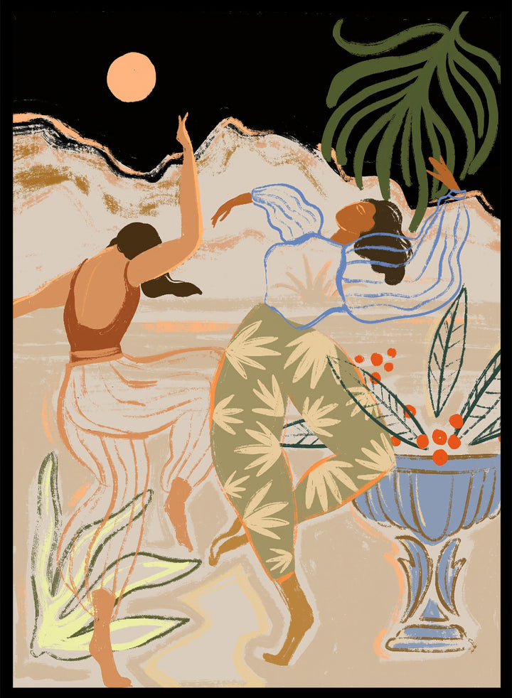 Artistic depiction of two figures dancing with plants and a vase in the background. Moonlight Dance by Arty Guava is a modern illustration art print featuring dancing women, moon imagery, floral elements, and contemporary wall art design.