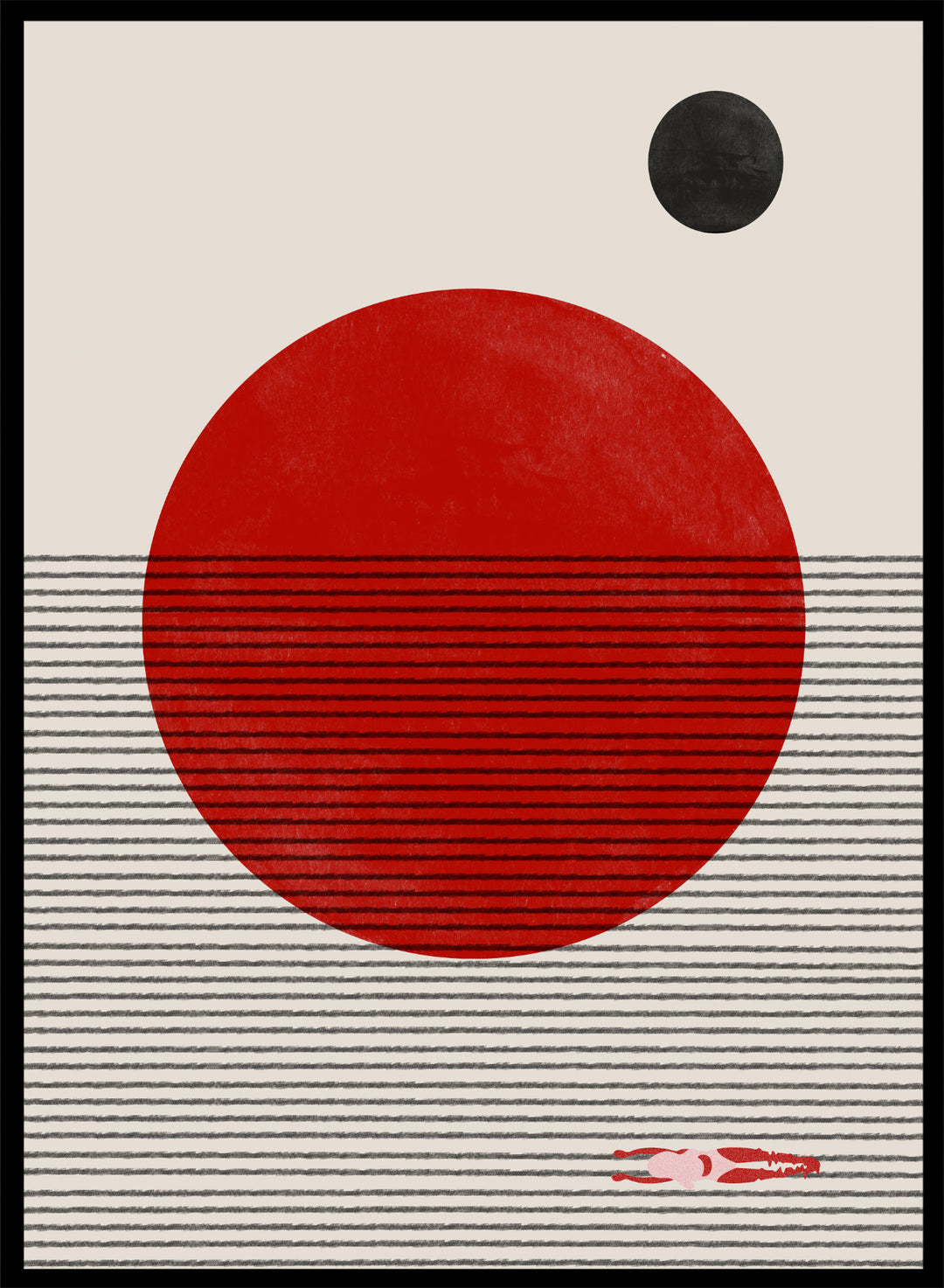 Abstract design with a red circle, black dot, and striped pattern on a beige background. Floating Horizons by The MIUUS Studio is a minimalist abstract art print and wall poster featuring geometric shapes, red sun, ocean lines, and swimmer detail.