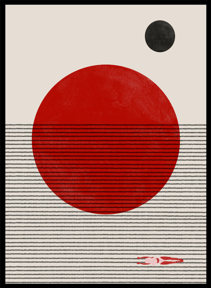 Abstract design with a red circle, black dot, and striped pattern on a beige background. Floating Horizons by The MIUUS Studio is a minimalist abstract art print and wall poster featuring geometric shapes, red sun, ocean lines, and swimmer detail.