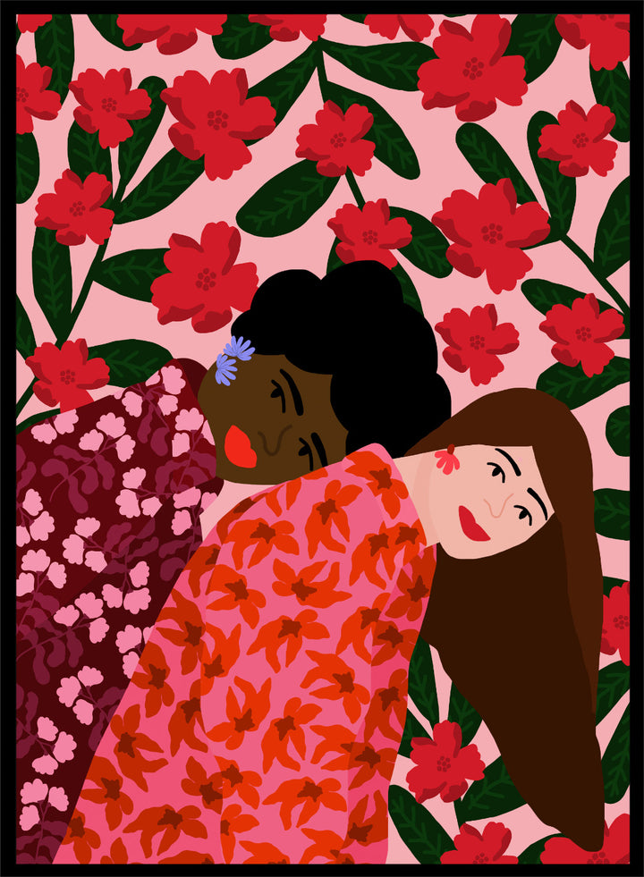 Illustration of two women embracing with a floral pattern in the background. Friendship by Rafaela Mascaro fine art print poster featuring two women embracing, red floral background, modern botanical wall art.