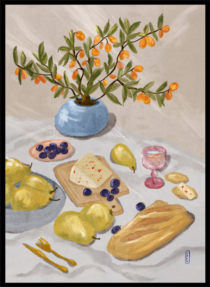 A still life painting of fruit and bread on a draped table, with pears, blueberries, a loaf of bread, cheese, a pink goblet, and a blue vase holding orange branches, all rendered in a soft painterly style. Shop Rustic Pears Still Life by Dirkie Nell, a colorful kitchen still life art print featuring pears, bread, cheese, blueberries, orange berries, and a blue vase.