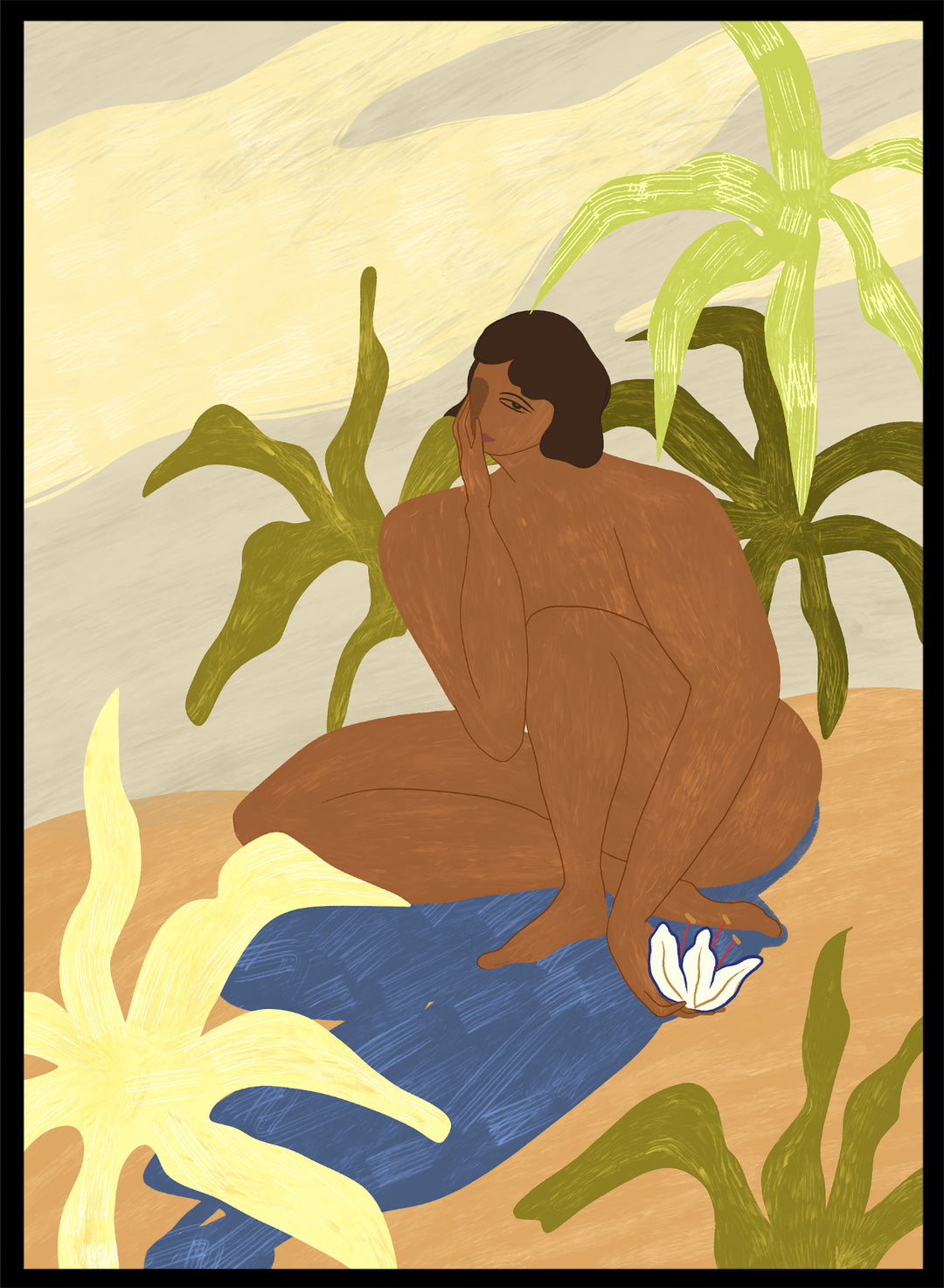 An art print featuring a stylized illustration of a seated figure with dark hair, surrounded by green tropical leaves, a blue cloth, and a white flower, set against a sandy beige and cream background. Au Naturel by Arty Guava premium framed fine art print featuring a seated woman surrounded by oversized tropical plants in warm earthy tones.