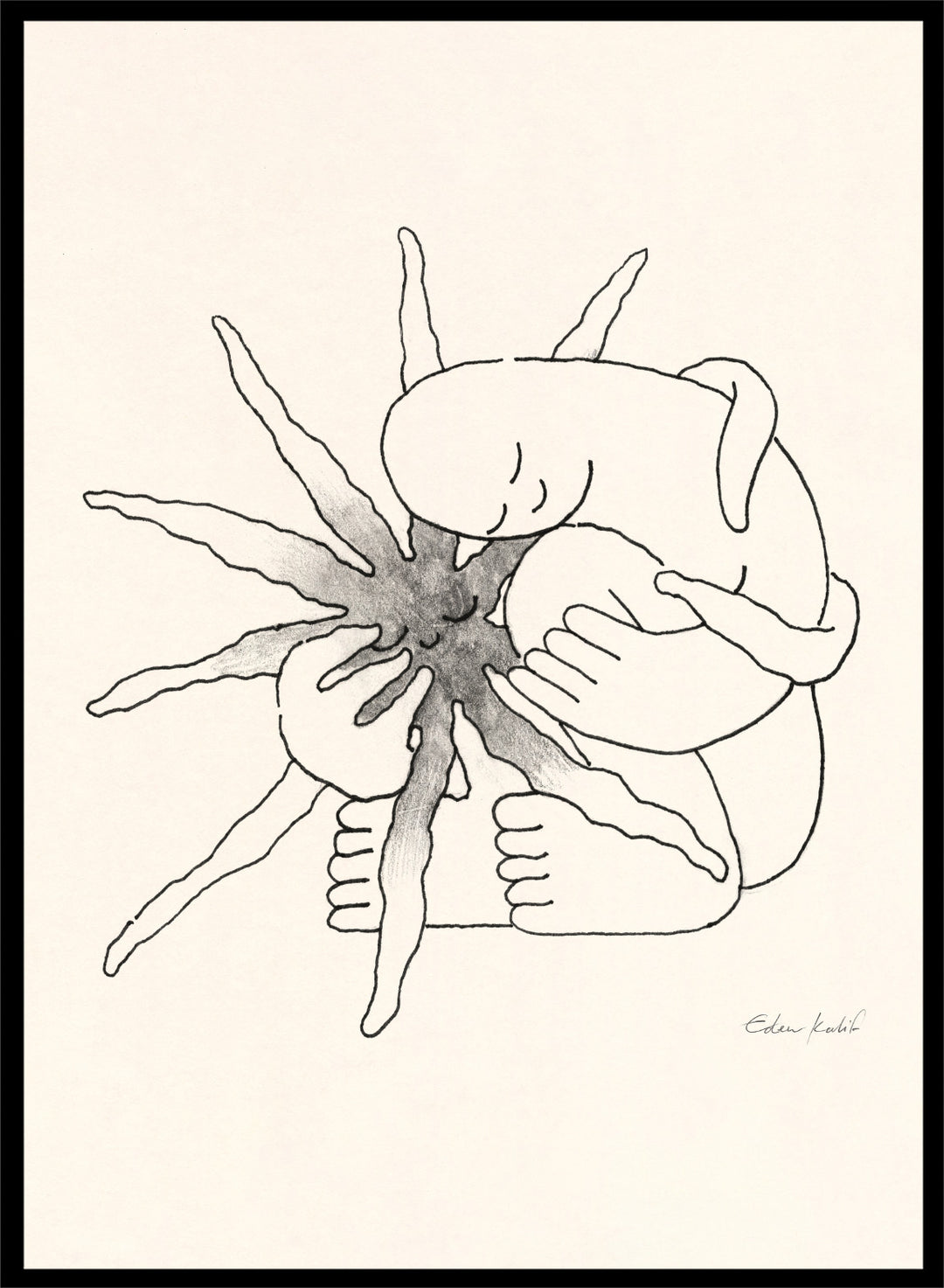 Black and white line art of a person embracing a sun figure on a beige background. Sunshine Love by Eden Kalif is a modern line art print featuring a figure holding a sun in a minimalist contemporary wall poster design.