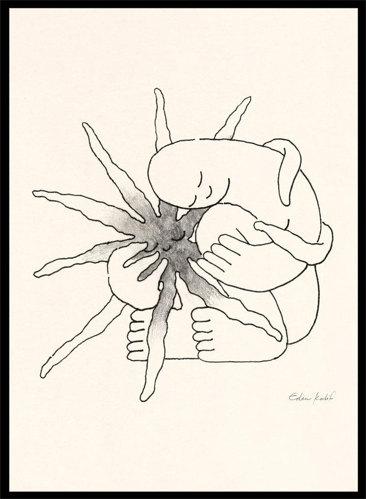 Black and white line art of a person embracing a sun figure on a beige background. Sunshine Love by Eden Kalif is a modern line art print featuring a figure holding a sun in a minimalist contemporary wall poster design.