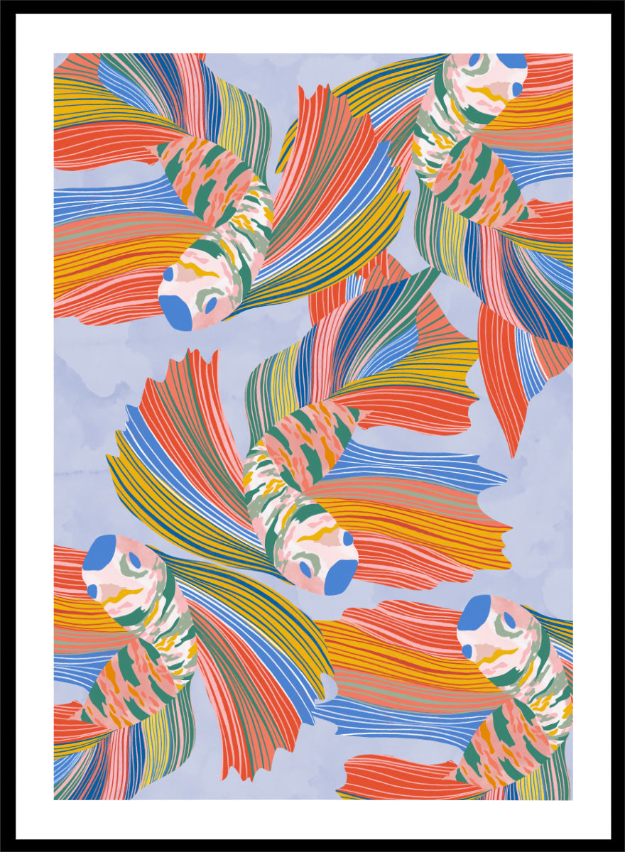 A framed art print featuring a colorful pattern of stylized fish with flowing striped fins in orange, yellow, green, blue, and red on a light blue background. Vibrant Swirling Fish Pattern by Ceyda Alasar art print featuring colorful flowing fish, striped fins, and playful aquatic movement on a soft blue background.