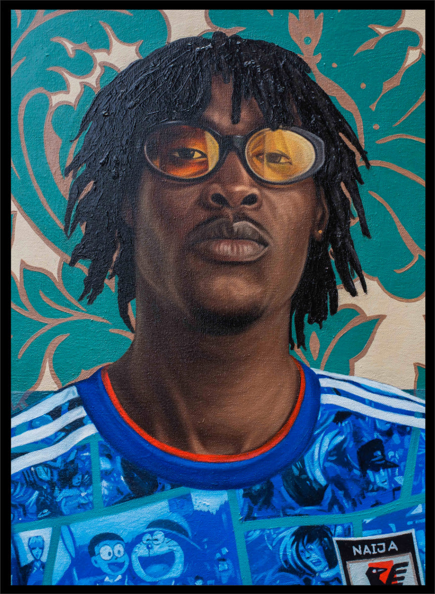A portrait painting of a Black man with dreadlocks and round glasses, wearing a blue patterned shirt with white stripes and a red collar, set against a teal and beige floral background. Shop Stylish Man in Anime Jersey by Damilare Jamiu, a contemporary portrait art print blending anime fashion, bold blue color, amber glasses, and ornate pattern.