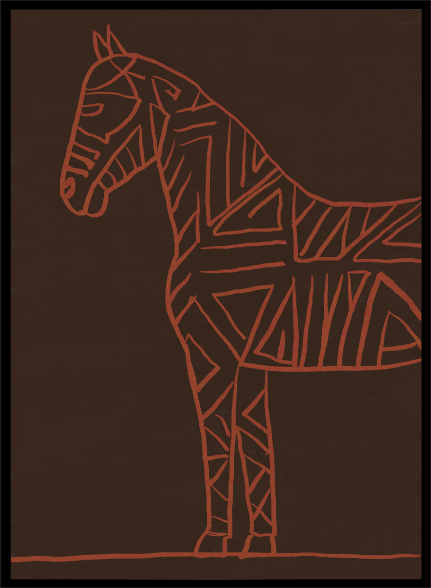 A minimalist art print featuring a stylized horse silhouette outlined in terracotta red on a dark brown background. Horse Line Art by The Art Concept animal art print featuring a stylized horse, geometric linework, warm rust tones, and a deep brown background.