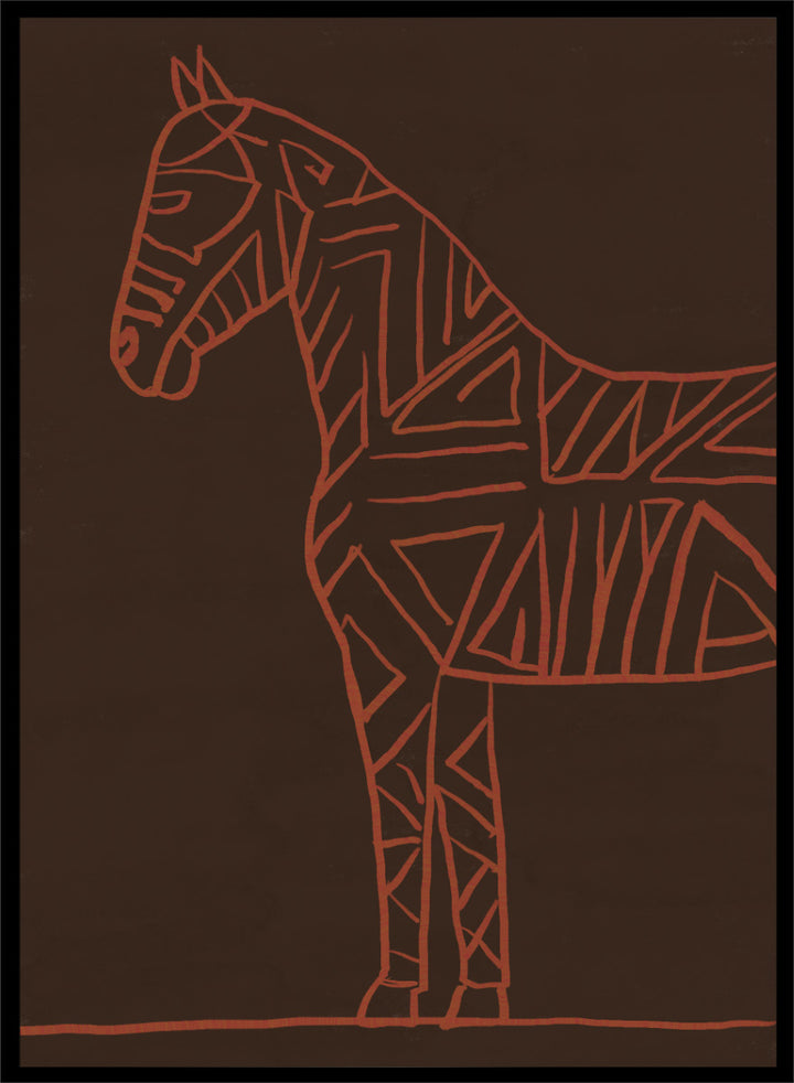 A minimalist art print featuring a stylized horse silhouette outlined in terracotta red on a dark brown background. Horse Line Art by The Art Concept animal art print featuring a stylized horse, geometric linework, warm rust tones, and a deep brown background.