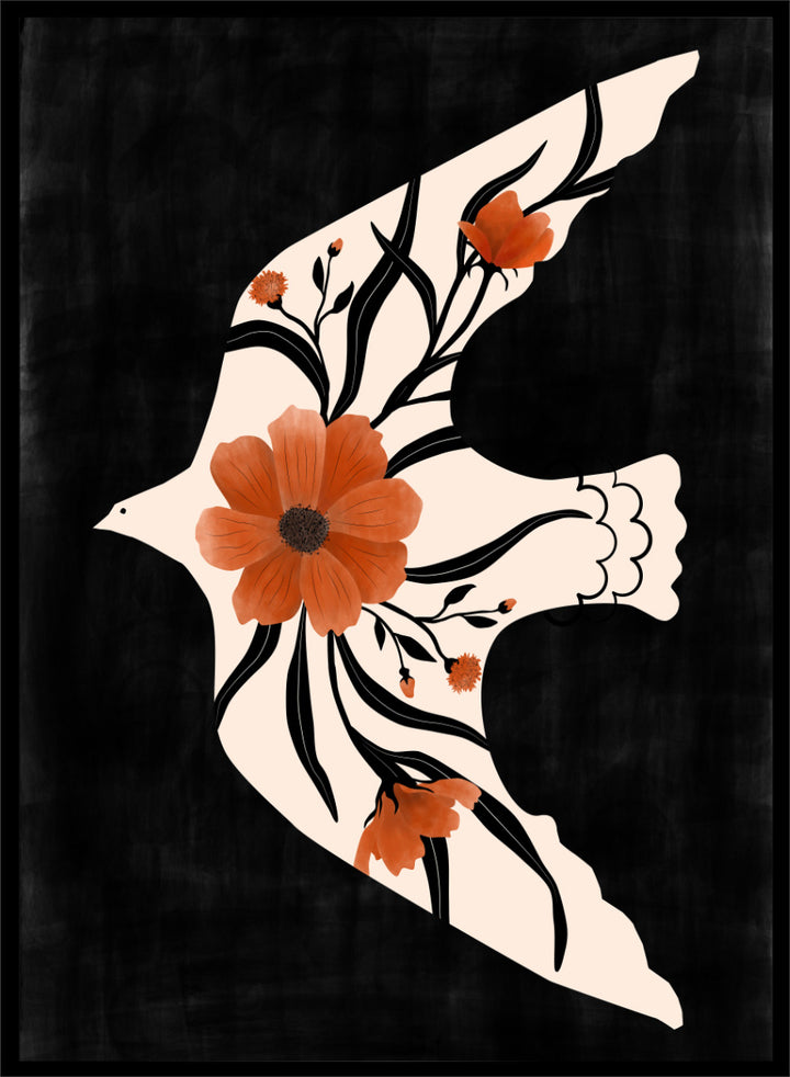 Shop Poppy Birds in Flight by Elena Ristova, a modern bird wall art print poster featuring a cream dove filled with terracotta poppies on a black background.