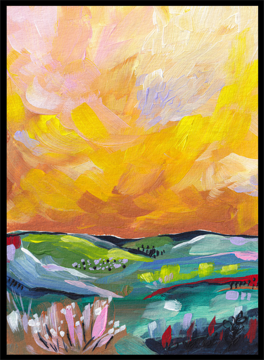 An abstract landscape painting featuring a dramatic yellow and orange sky over green and blue rolling hills, with textured brushstrokes. Shop Vibrant Sunset Landscape by Dirkie Nell, a colorful landscape art print featuring rolling green hills, wildflowers, and a warm golden sunset sky.