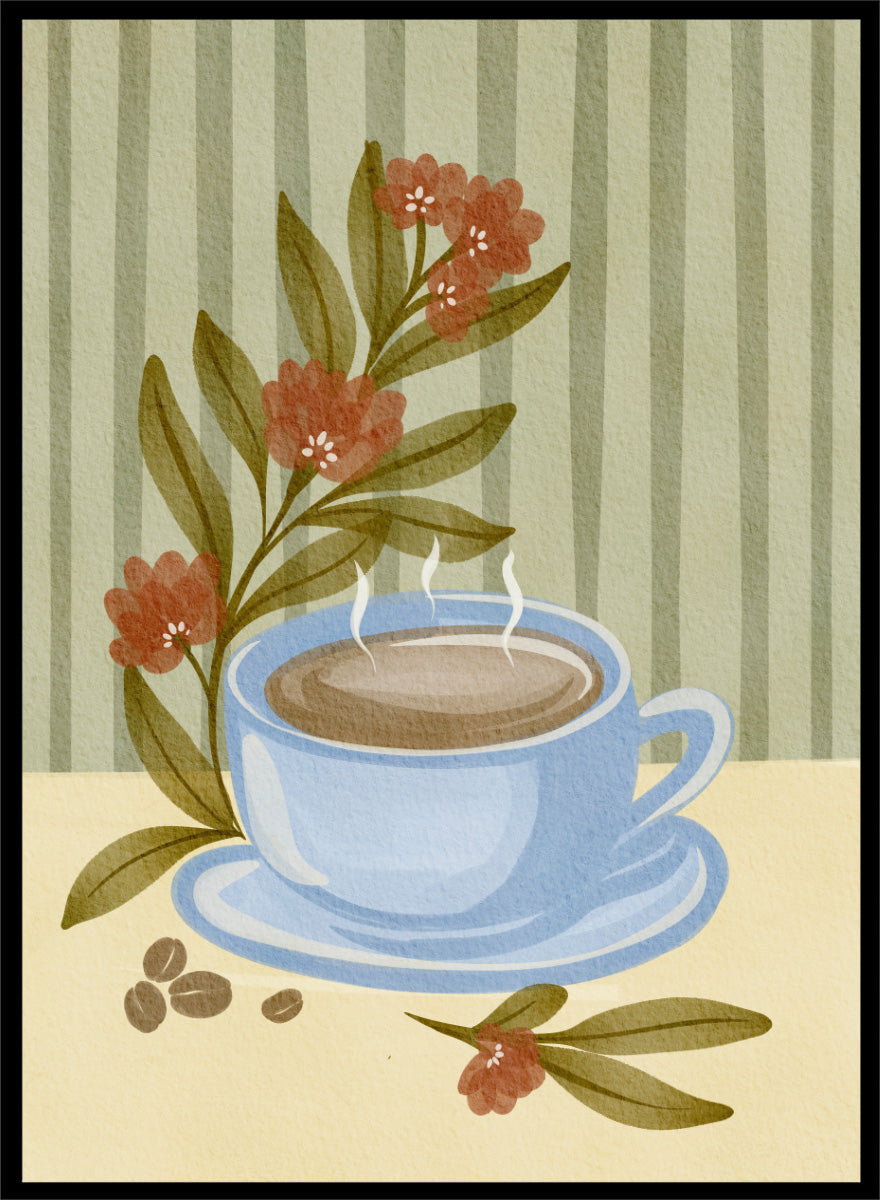 Shop Steaming Coffee Bloom by Nikita Jariwala, a kitchen wall art print poster featuring a blue coffee cup, floral still life, coffee beans, and blue tones.