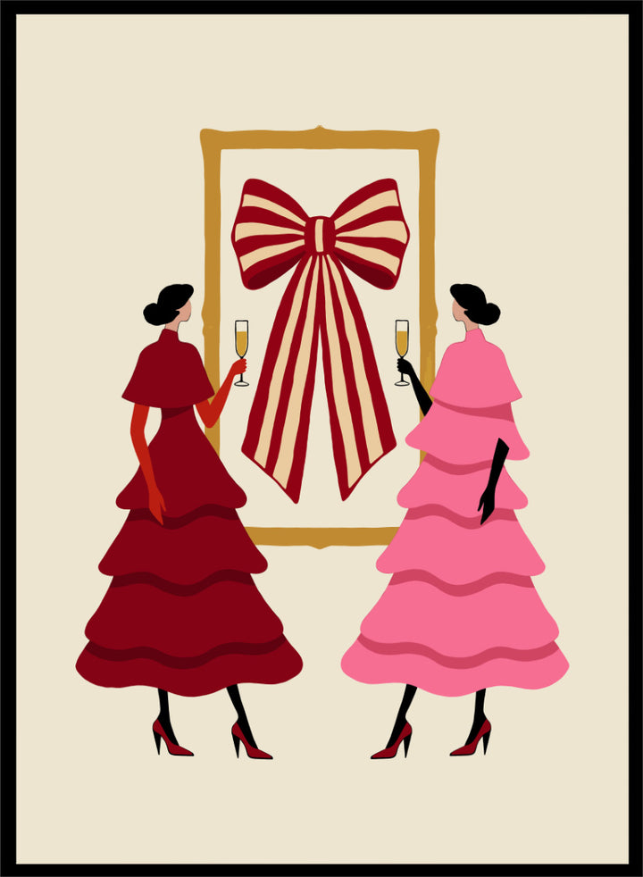Shop Elegant Bow Celebration by Dominique Vari, a festive fashion wall art print poster featuring two women, champagne glasses, layered dresses, and a bold striped bow.