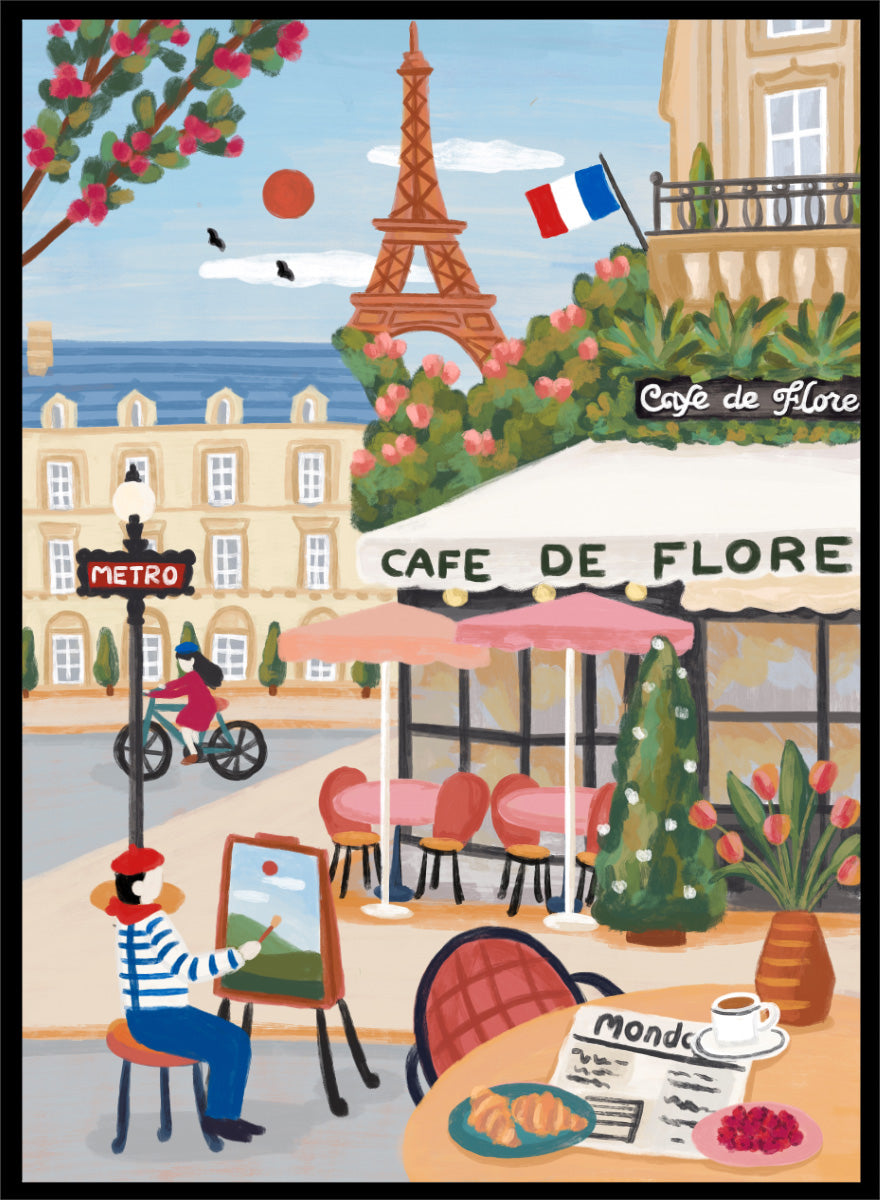 A colorful illustrated Paris street scene with the Eiffel Tower, a cafe exterior labeled Cafe de Flore, a cyclist, a seated painter, flowers, and a French flag. Shop Paris Cafe Life by Nidhi Kachhadiya, a colorful Paris wall art print inspired by French café culture, the Eiffel Tower, and charming European city life.